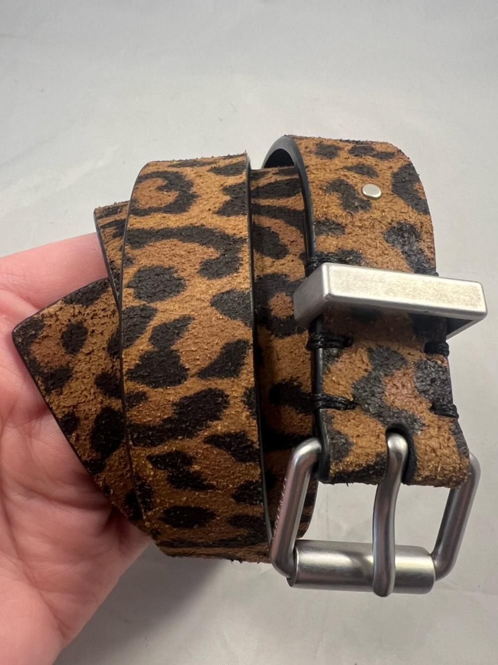 All Saints Women’s Karin Leopard Leather Silver Colored Buckle Size L